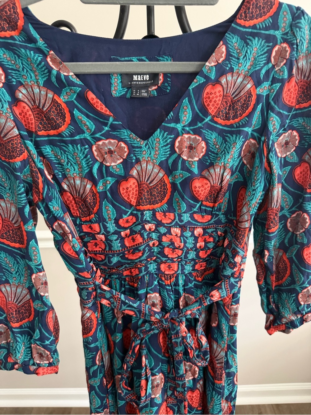 Anthropologie Maeve Philomena Maxi Dress 2 Blue Floral Boho V-Neck Tie Waist - Picture 8 of 10